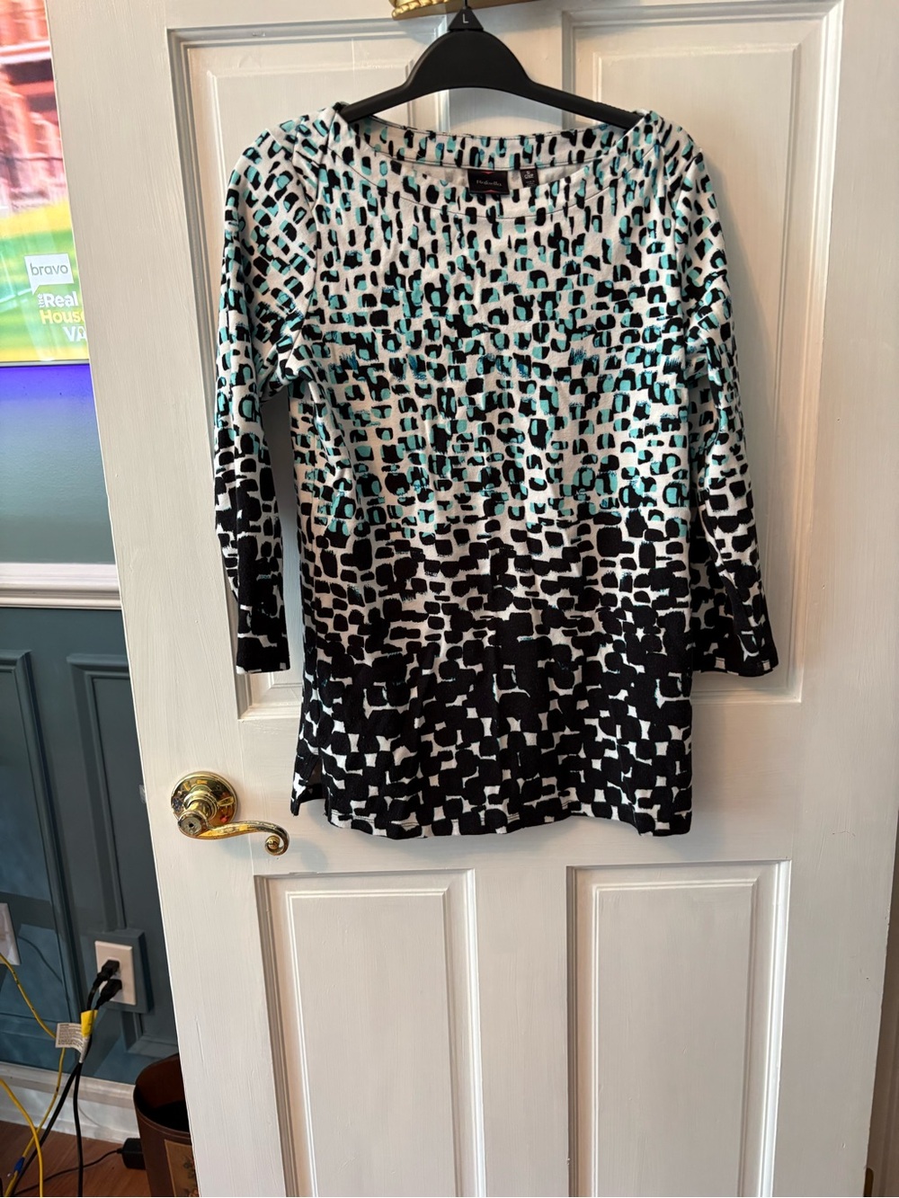 Rafaella Black, White & Teal Patterned Long-Sleeve Dress